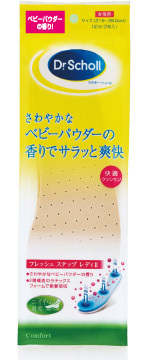 ◆クッション性さらにアップ！◆さわやかベビーパウダーの香り◆香りのカプセルでサラッと爽快、足は一日中フレッシュ◆密度の異なる2層構造のラテックスフォーム◆多数の気孔を採用、通気性に優れ湿気も吸収します